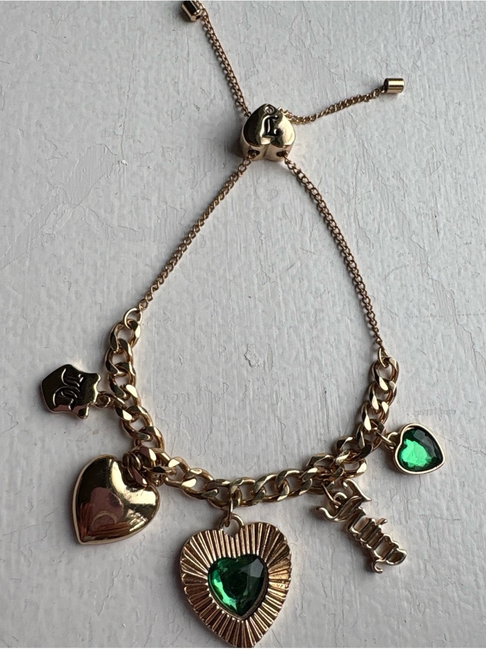 Juicy Couture Gold Green Heart Charm Bracelet Y2K